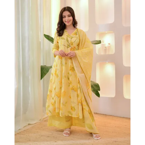 Floral Printed V-Neck Gathered Pure Cotton Longline Empire Top