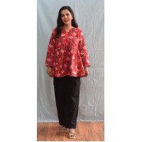 Floral Printed V-Neck Gathered Pure Cotton Longline Empire Top