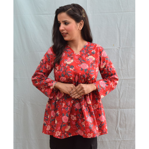 Floral Printed V-Neck Gathered Pure Cotton Longline Empire Top