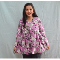 Floral Printed V-Neck Gathered Pure Cotton Longline Empire Top