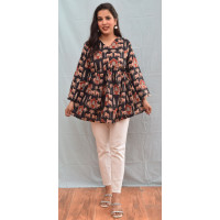 Sanganeri Printed V-Neck Gathered Pure Cotton Longline Empire Top